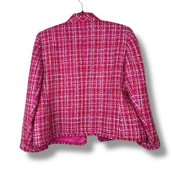 Ann Taylor NWOT The Cutaway Pink Red Fringe Tweed Open Front Jacket Size 12 - Picture 7 of 10